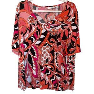 Susan Graver Liquid Knit 1X Pink Orange Black Abstract Print Short Sleeve Top